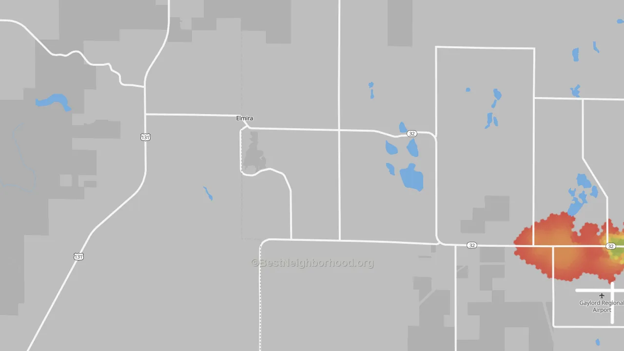 Walk Grade map of Elmira, MI, walkable areas in green and car-dependent areas in red
