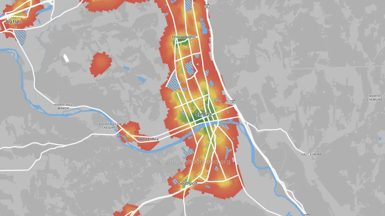 Walk Grade map of Elmira, NY, walkable areas in green and car-dependent areas in red