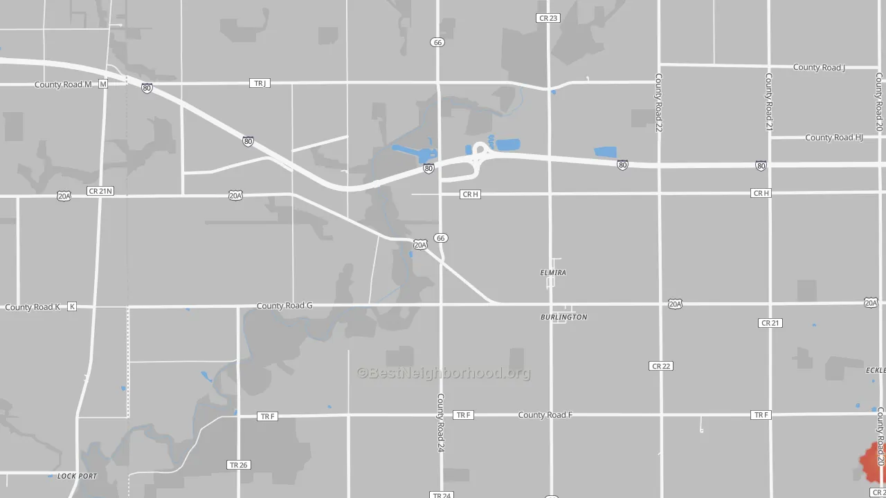 Walk Grade map of Elmira, OH, walkable areas in green and car-dependent areas in red