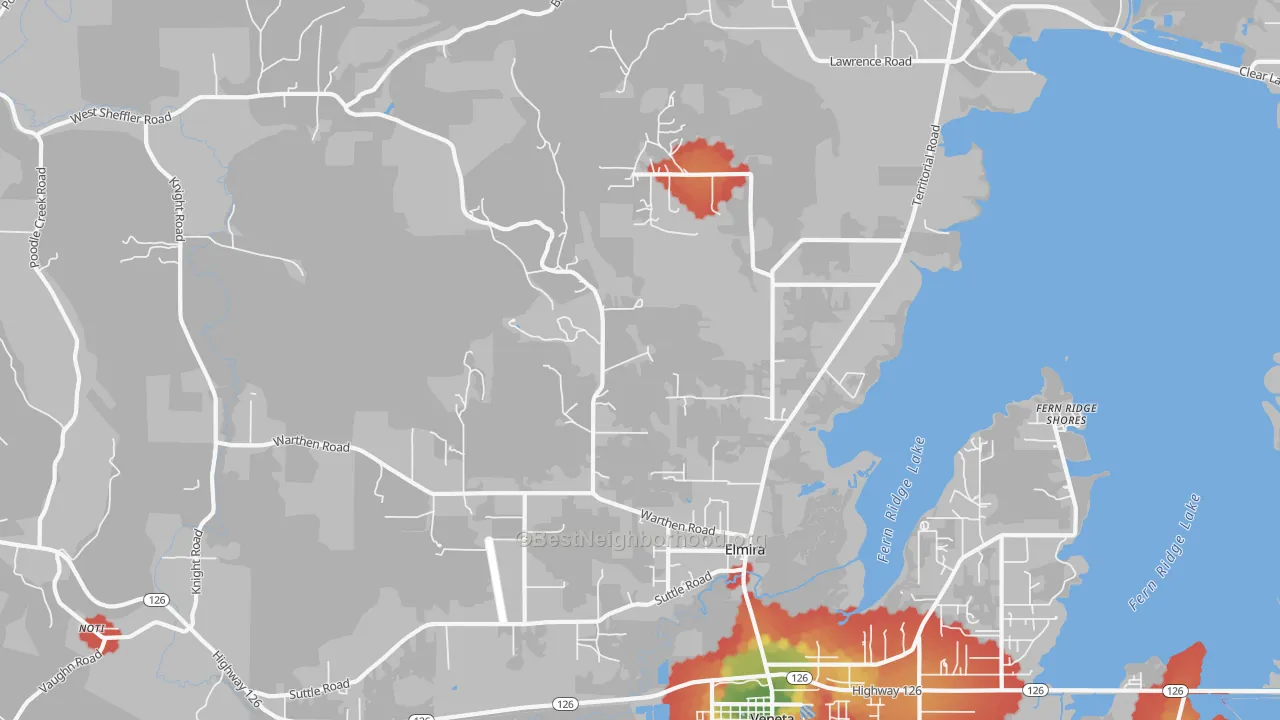 Walk Grade map of Elmira, OR, walkable areas in green and car-dependent areas in red
