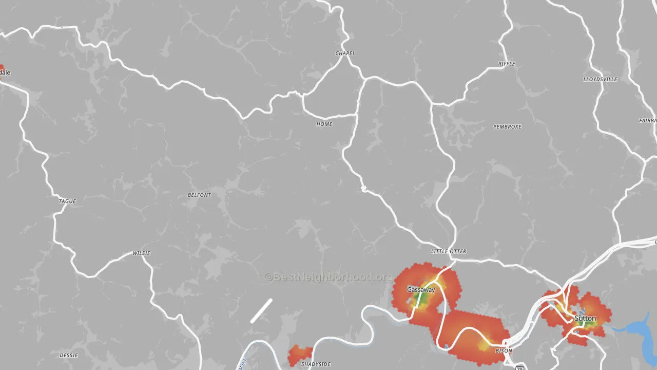 Walk Grade map of Elmira, WV, walkable areas in green and car-dependent areas in red