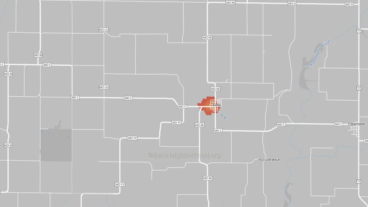 Walk Grade map of Elmo, MO, walkable areas in green and car-dependent areas in red