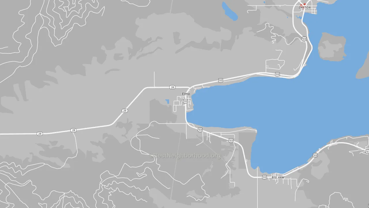 Walk Grade map of Elmo, MT, walkable areas in green and car-dependent areas in red