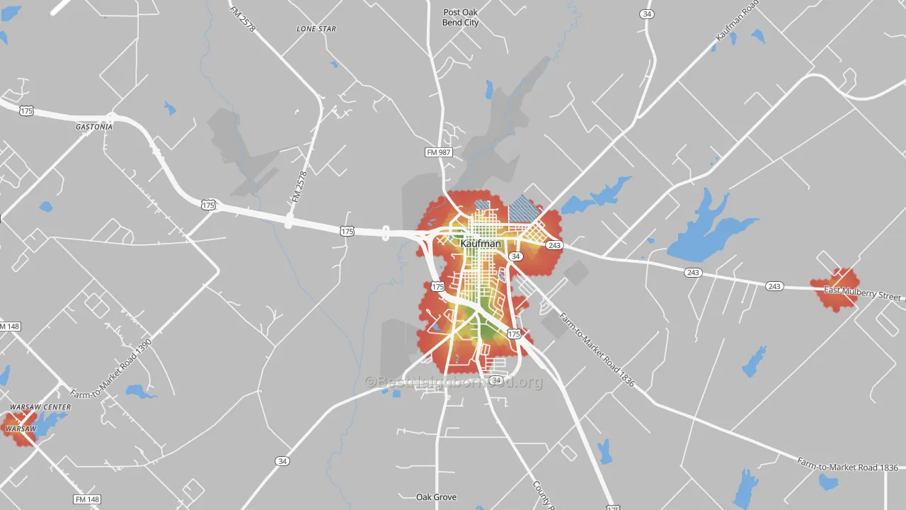 Walk Grade map of Elmo, TX, walkable areas in green and car-dependent areas in red