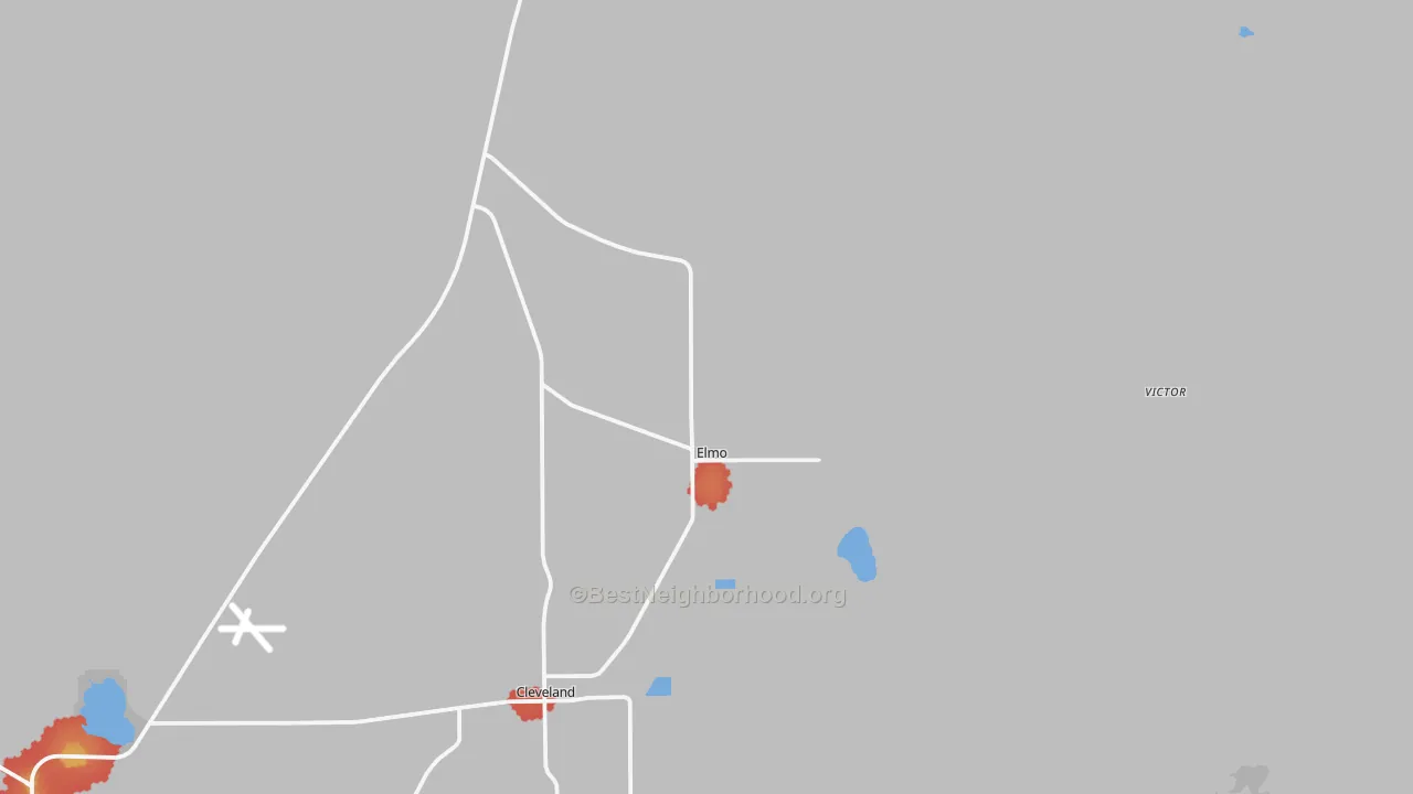 Walk Grade map of Elmo, UT, walkable areas in green and car-dependent areas in red