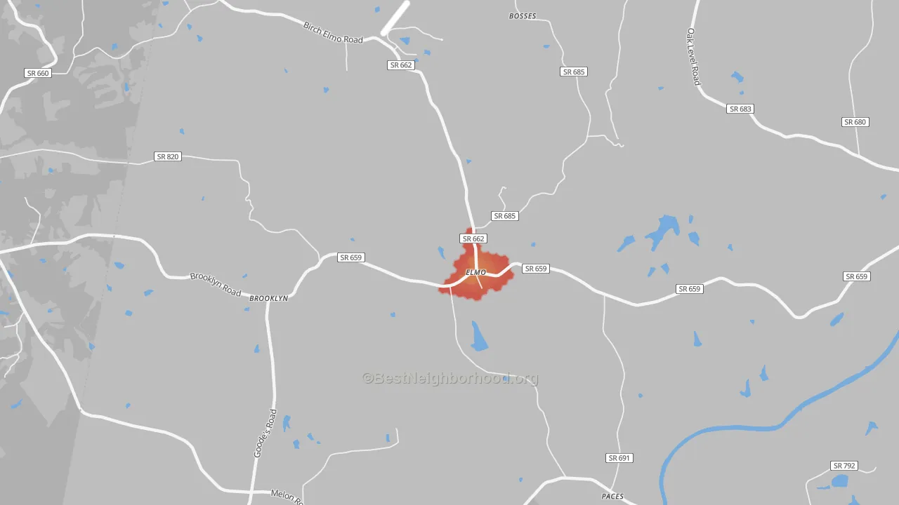Walk Grade map of Elmo, VA, walkable areas in green and car-dependent areas in red