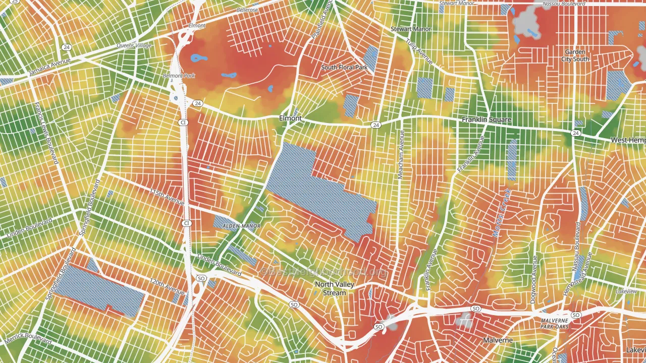 Walk Grade map of Elmont, NY, walkable areas in green and car-dependent areas in red
