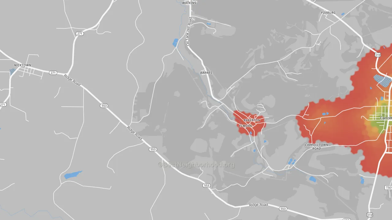 Walk Grade map of Elmora, PA, walkable areas in green and car-dependent areas in red