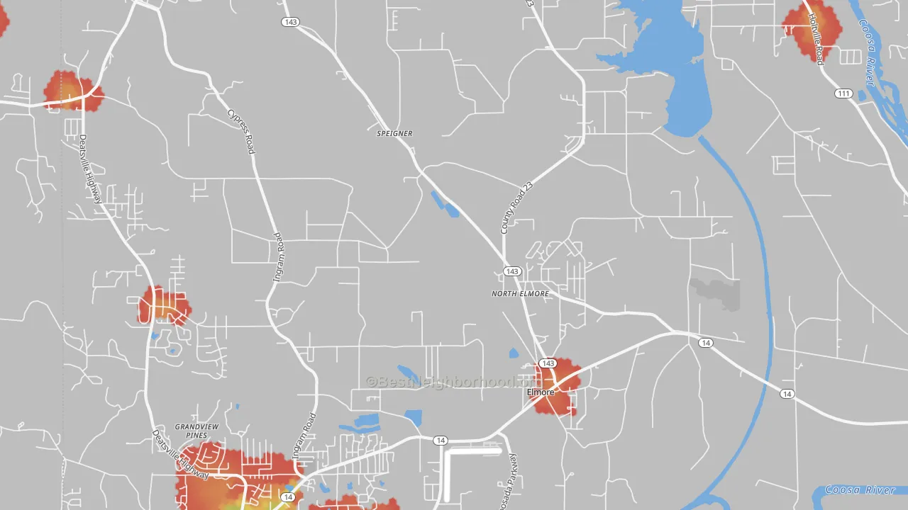 Walk Grade map of Elmore, AL, walkable areas in green and car-dependent areas in red