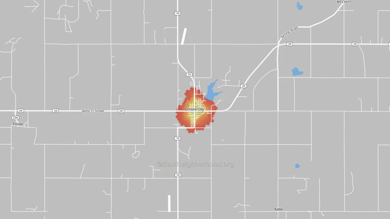 Walk Grade map of Elmore City, OK, walkable areas in green and car-dependent areas in red