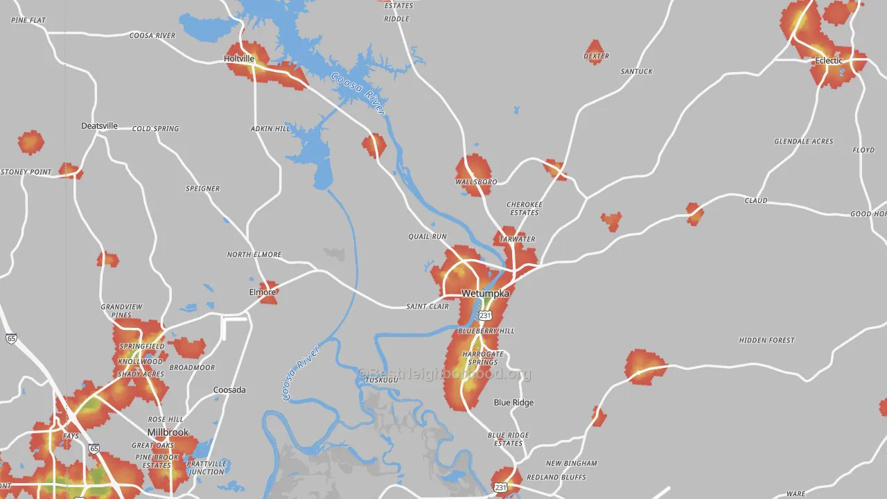 Walk Grade map of Elmore County, AL, walkable areas in green and car-dependent areas in red
