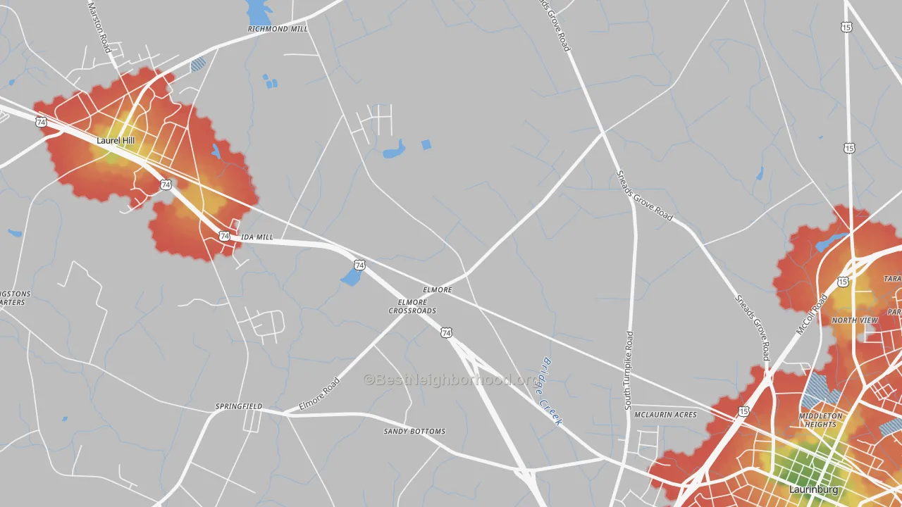Walk Grade map of Elmore, NC, walkable areas in green and car-dependent areas in red