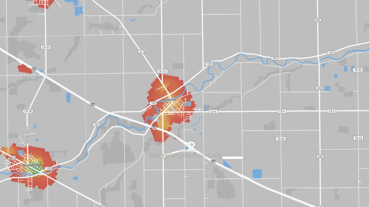 Walk Grade map of Elmore, OH, walkable areas in green and car-dependent areas in red