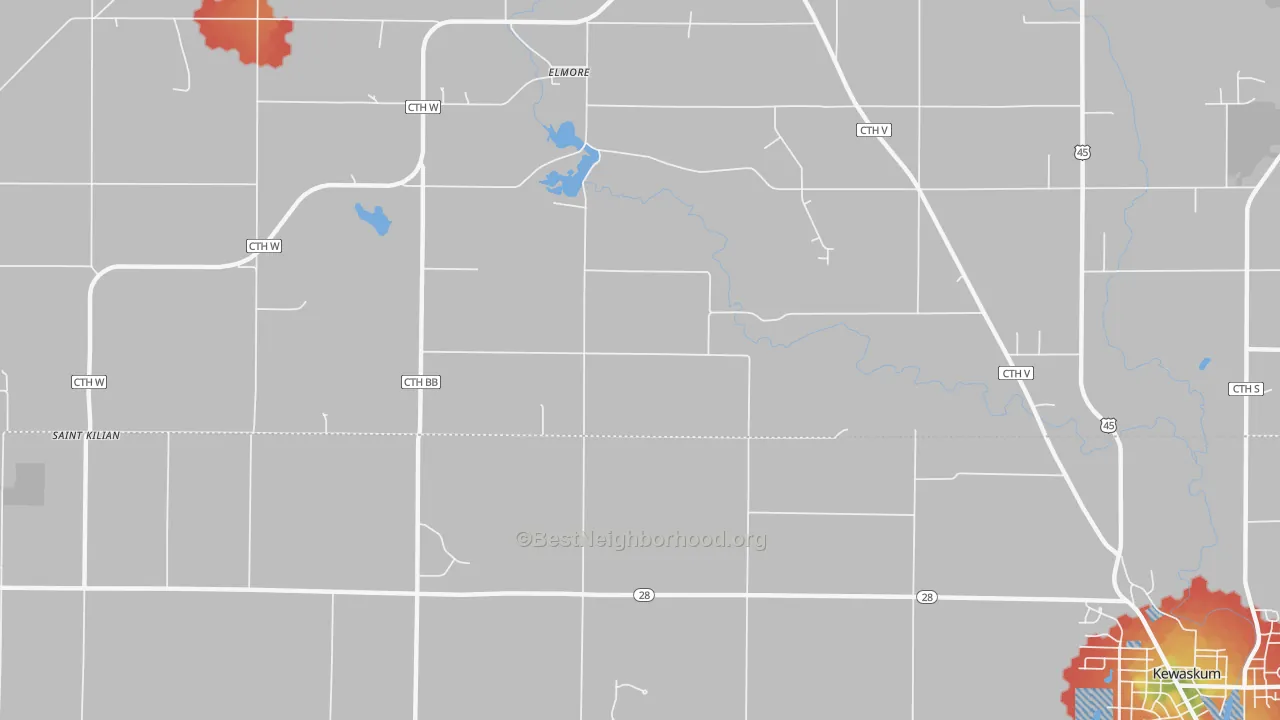 Walk Grade map of Elmore, WI, walkable areas in green and car-dependent areas in red