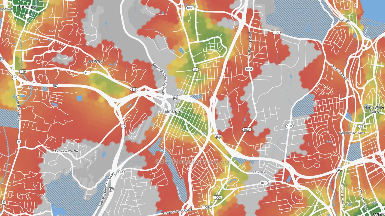 Walk Grade map of Elmsford, NY, walkable areas in green and car-dependent areas in red