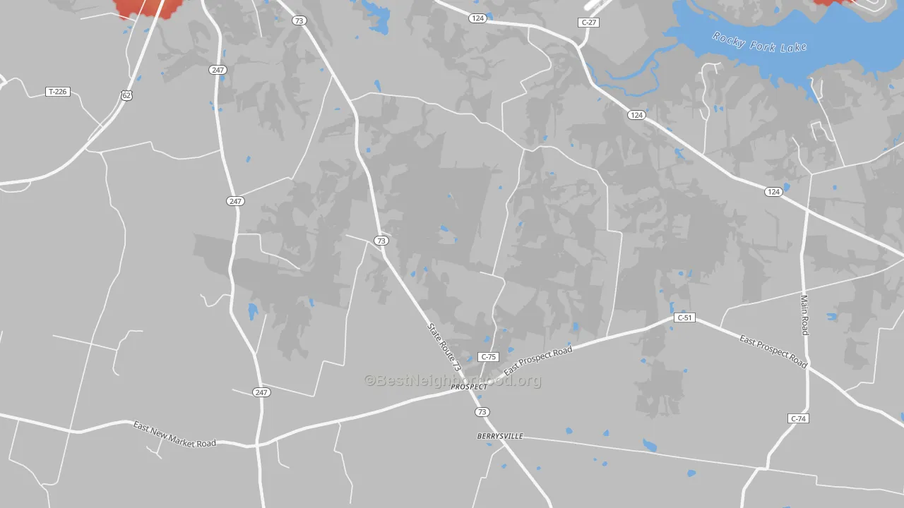 Walk Grade map of Elmville, OH, walkable areas in green and car-dependent areas in red