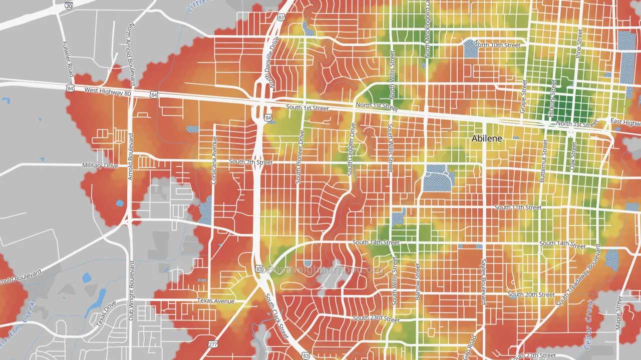 Walk Grade map of Elmwood Area, Abilene, TX, walkable areas in green and car-dependent areas in red