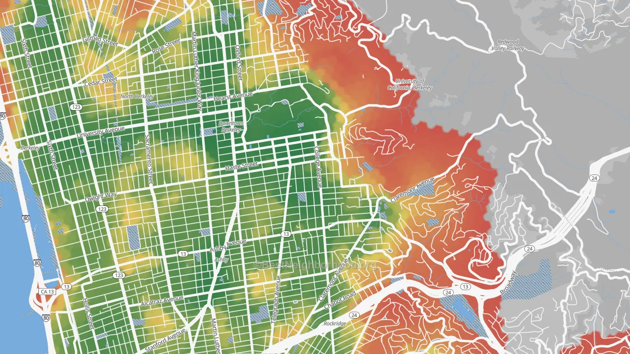 Walk Grade map of Elmwood, Berkeley, CA, walkable areas in green and car-dependent areas in red