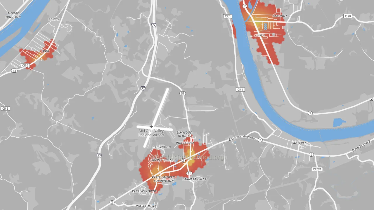 Walk Grade map of Elmwood Heights, WV, walkable areas in green and car-dependent areas in red
