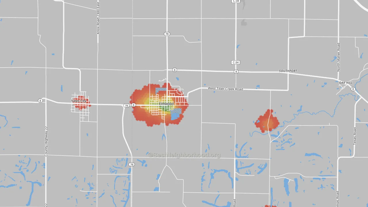 Walk Grade map of Elmwood, IL, walkable areas in green and car-dependent areas in red