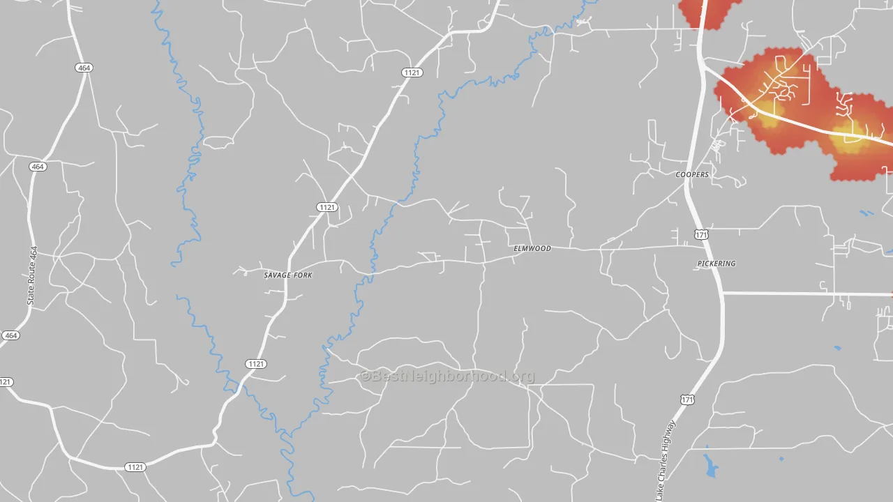 Walk Grade map of Elmwood, LA, walkable areas in green and car-dependent areas in red