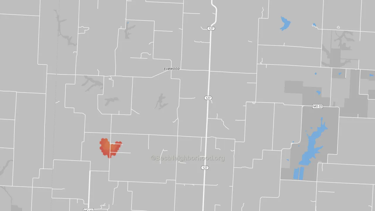 Walk Grade map of Elmwood, MO, walkable areas in green and car-dependent areas in red