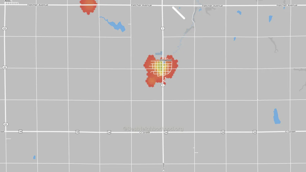 Walk Grade map of Elmwood, NE, walkable areas in green and car-dependent areas in red