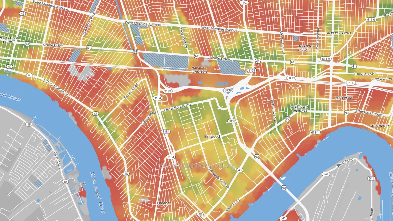 Walk Grade map of Elmwood, New Orleans, LA, walkable areas in green and car-dependent areas in red