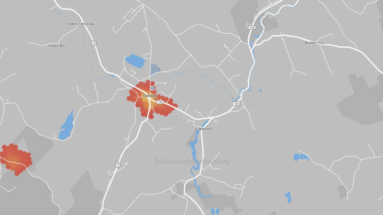 Walk Grade map of Elmwood, NH, walkable areas in green and car-dependent areas in red