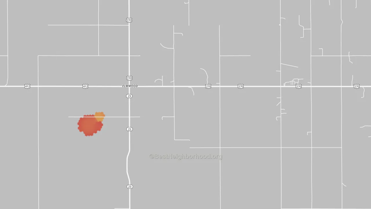 Walk Grade map of Elmwood, OK, walkable areas in green and car-dependent areas in red