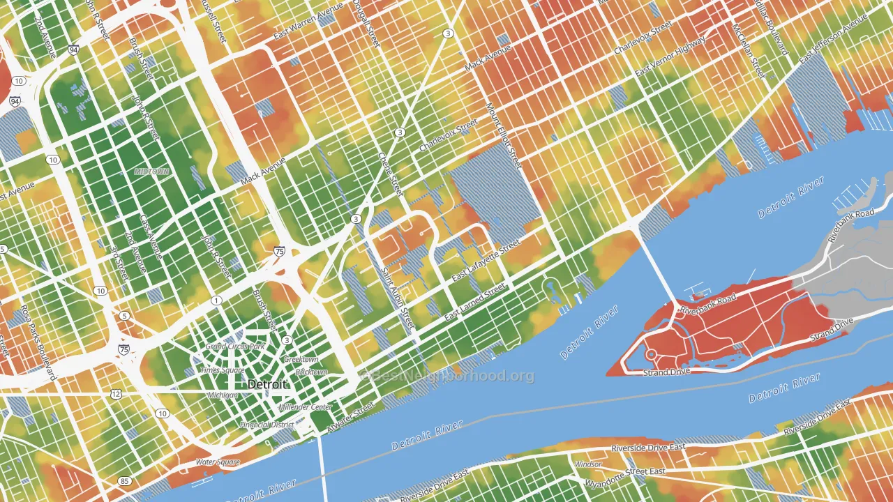 Walk Grade map of Elmwood Park, Detroit, MI, walkable areas in green and car-dependent areas in red