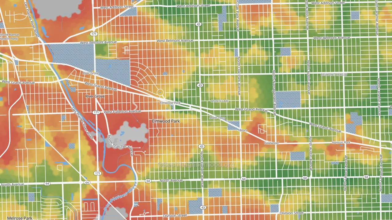 Walk Grade map of Elmwood Park, IL, walkable areas in green and car-dependent areas in red