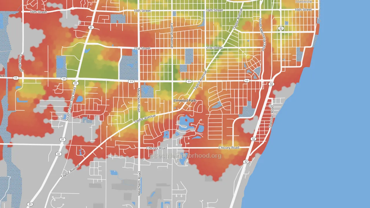 Walk Grade map of Elmwood Park, WI, walkable areas in green and car-dependent areas in red