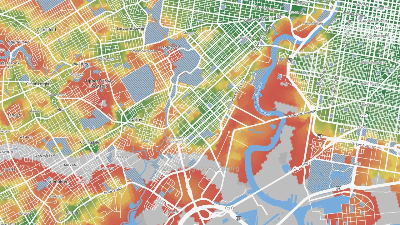 Walk Grade map of Elmwood, Philadelphia, PA, walkable areas in green and car-dependent areas in red