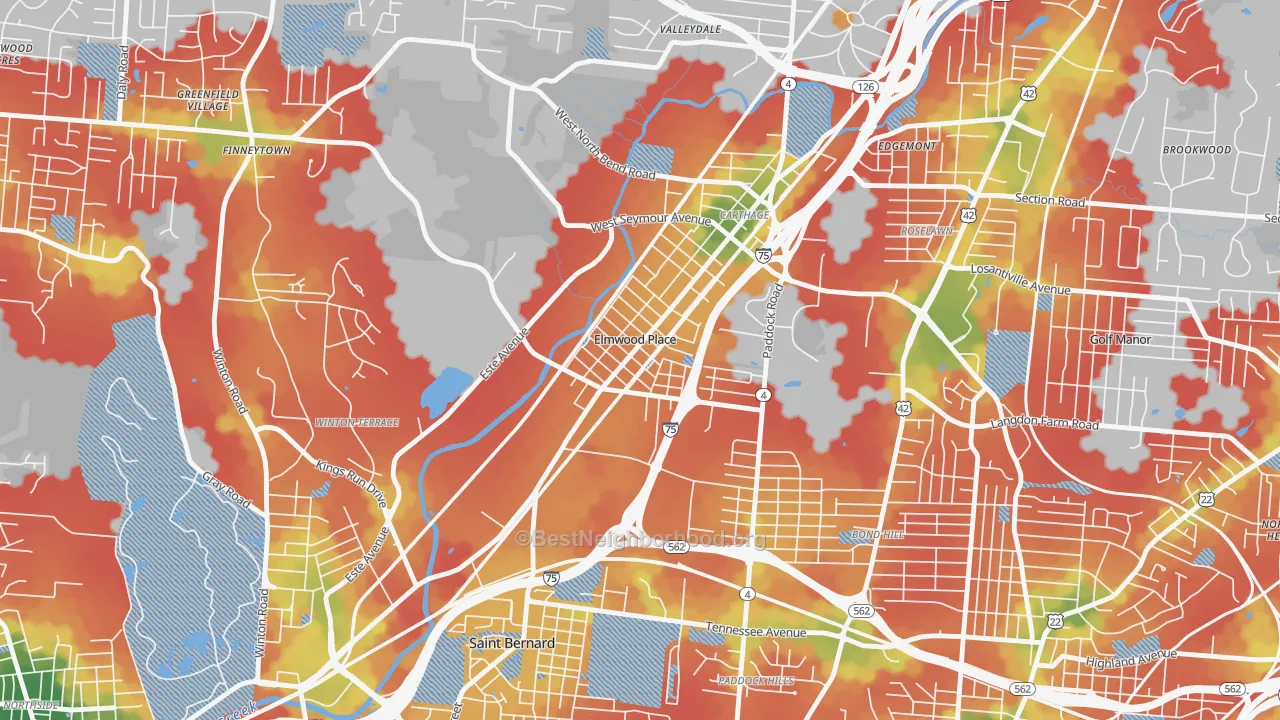 Walk Grade map of Elmwood Place, OH, walkable areas in green and car-dependent areas in red