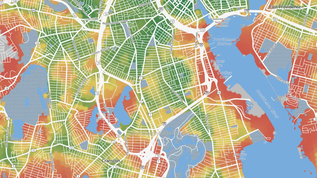 Walk Grade map of Elmwood, Providence, RI, walkable areas in green and car-dependent areas in red