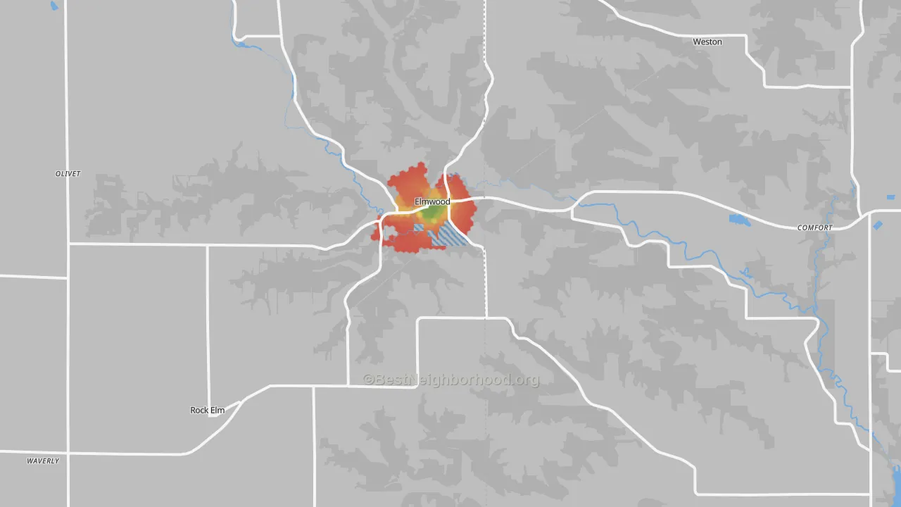 Walk Grade map of Elmwood, WI, walkable areas in green and car-dependent areas in red