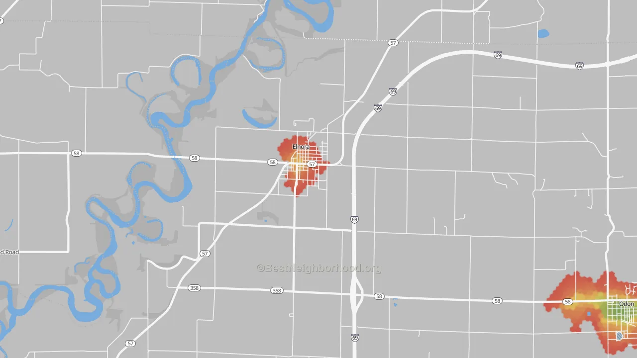Walk Grade map of Elnora, IN, walkable areas in green and car-dependent areas in red