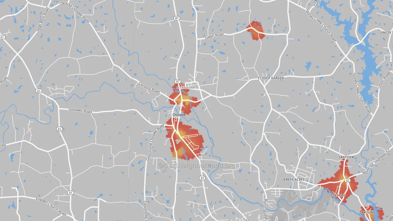 Walk Grade map of Elon College, NC, walkable areas in green and car-dependent areas in red