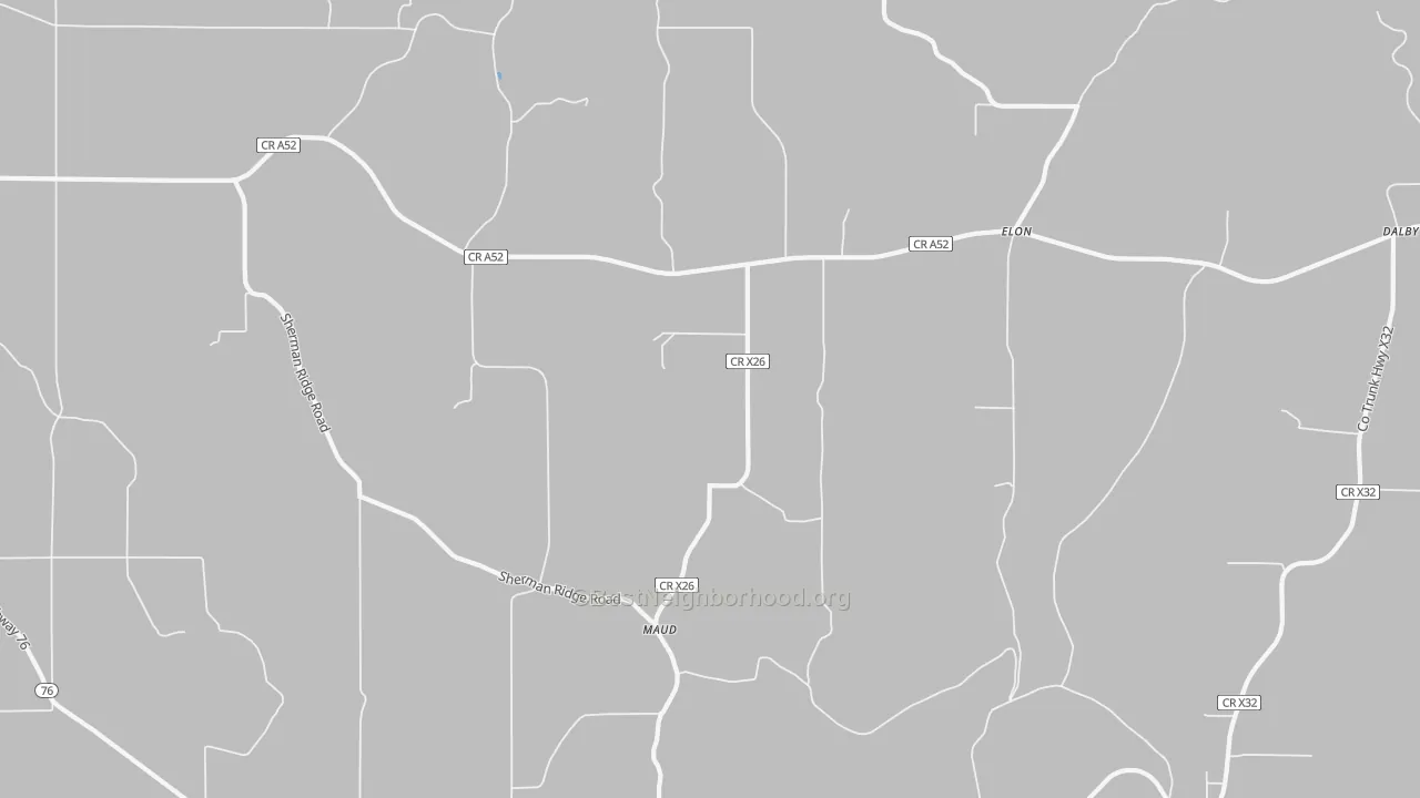 Walk Grade map of Elon, IA, walkable areas in green and car-dependent areas in red