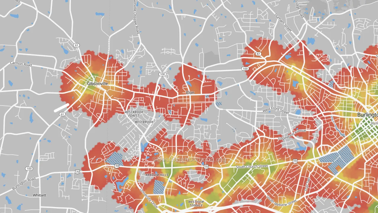 Walk Grade map of Elon, NC, walkable areas in green and car-dependent areas in red