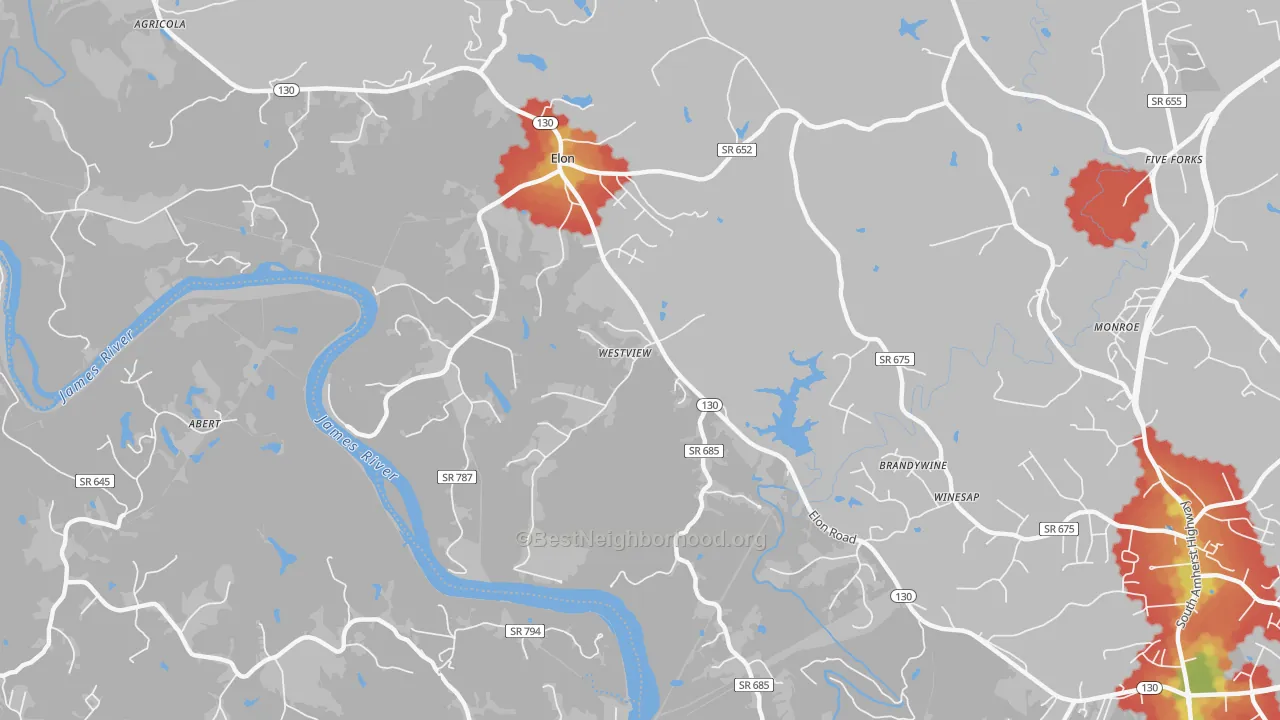 Walk Grade map of Elon, VA, walkable areas in green and car-dependent areas in red