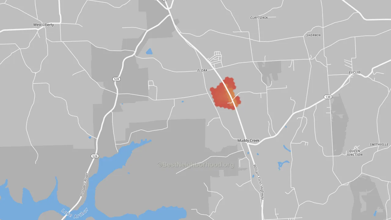 Walk Grade map of Elora, PA, walkable areas in green and car-dependent areas in red