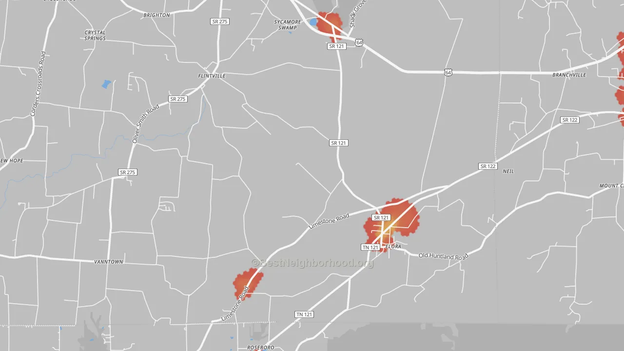 Walk Grade map of Elora, TN, walkable areas in green and car-dependent areas in red