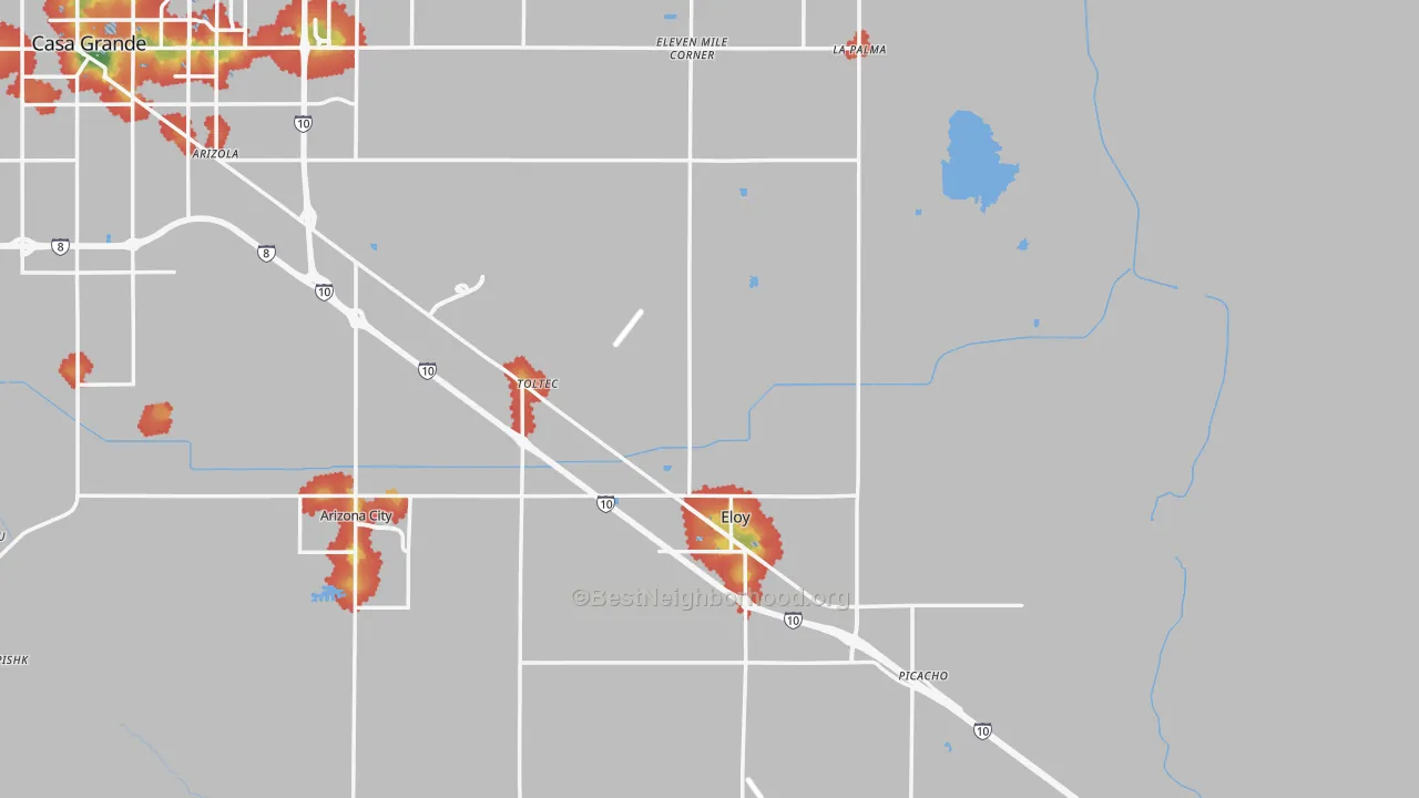 Walk Grade map of Eloy, AZ, walkable areas in green and car-dependent areas in red