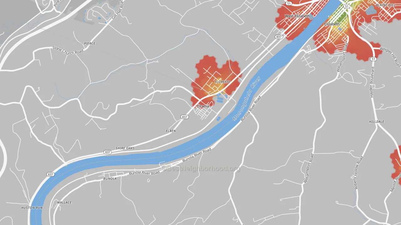 Walk Grade map of Elrama, PA, walkable areas in green and car-dependent areas in red