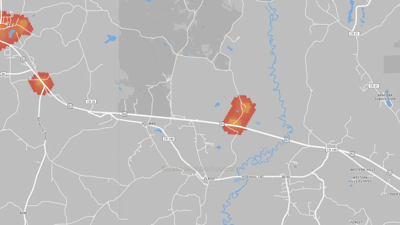 Walk Grade map of Elrod, AL, walkable areas in green and car-dependent areas in red
