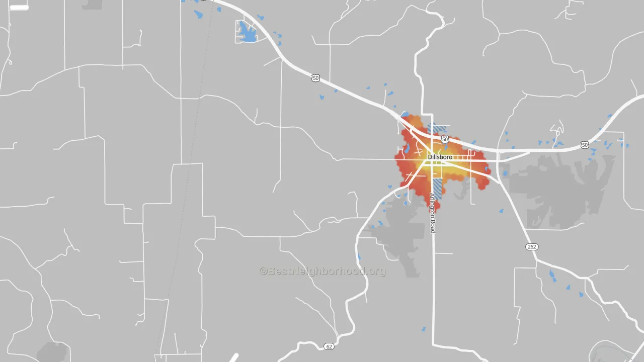 Walk Grade map of Elrod, IN, walkable areas in green and car-dependent areas in red