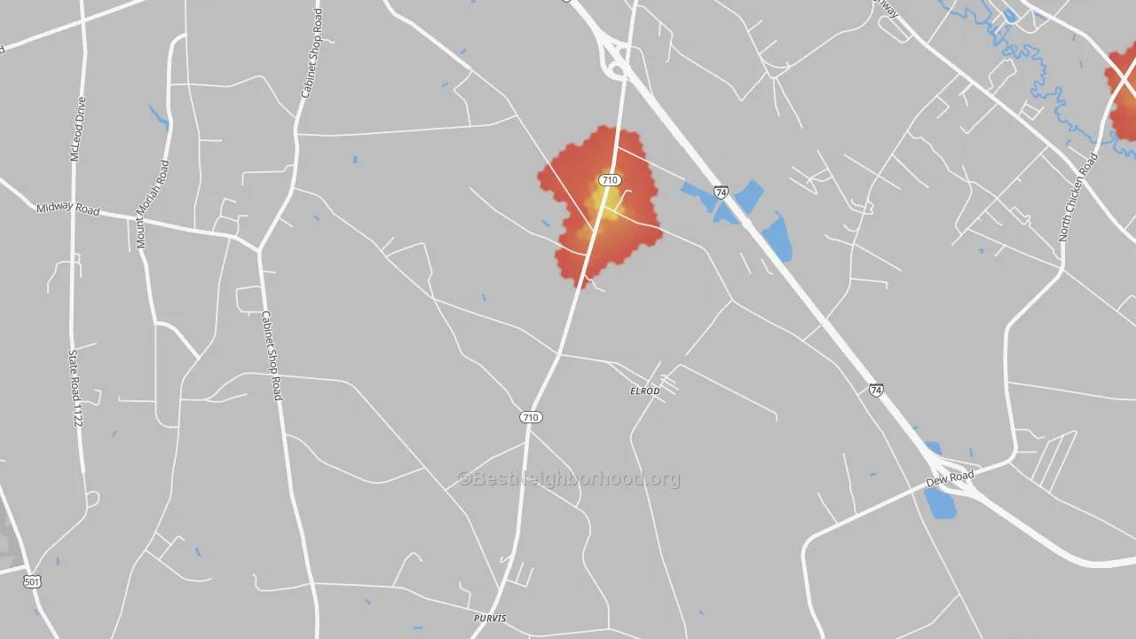 Walk Grade map of Elrod, NC, walkable areas in green and car-dependent areas in red
