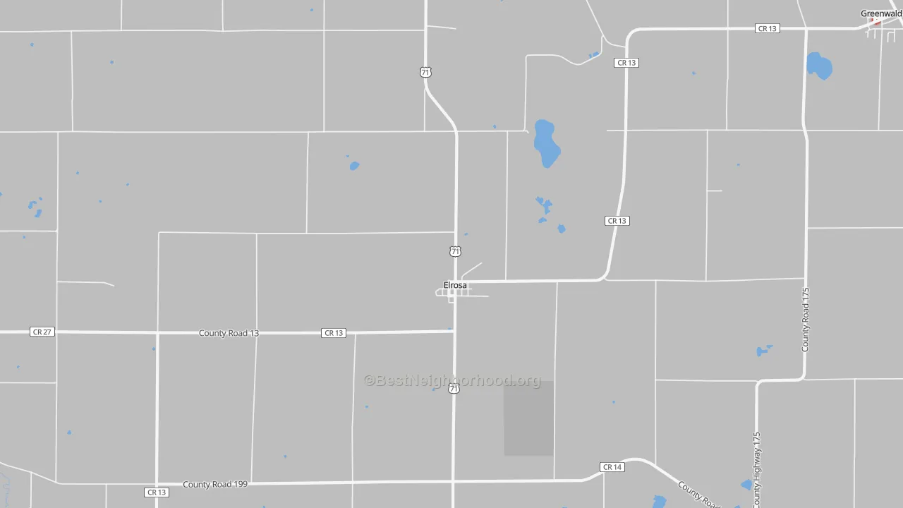 Walk Grade map of Elrosa, MN, walkable areas in green and car-dependent areas in red